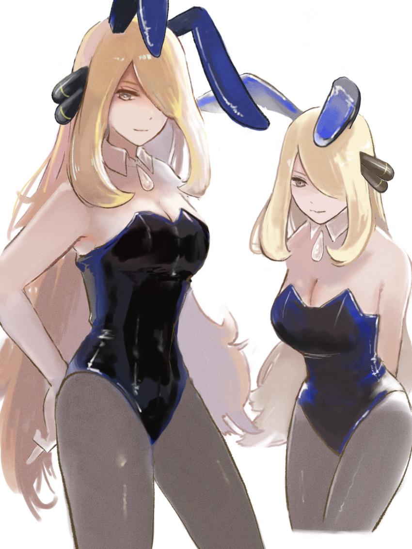 1girl alternate_breast_size alternate_costume animal_ears black_leotard blonde_hair breasts cleavage closed_mouth commentary_request creatures_(company) cynthia_(pokemon) detached_collar game_freak hair_ornament hair_over_one_eye highres leotard long_hair multiple_views nintendo pantyhose playboy_bunny pokemon pokemon_dppt rabbit_ears ringosan2329 sidelocks simple_background white_background