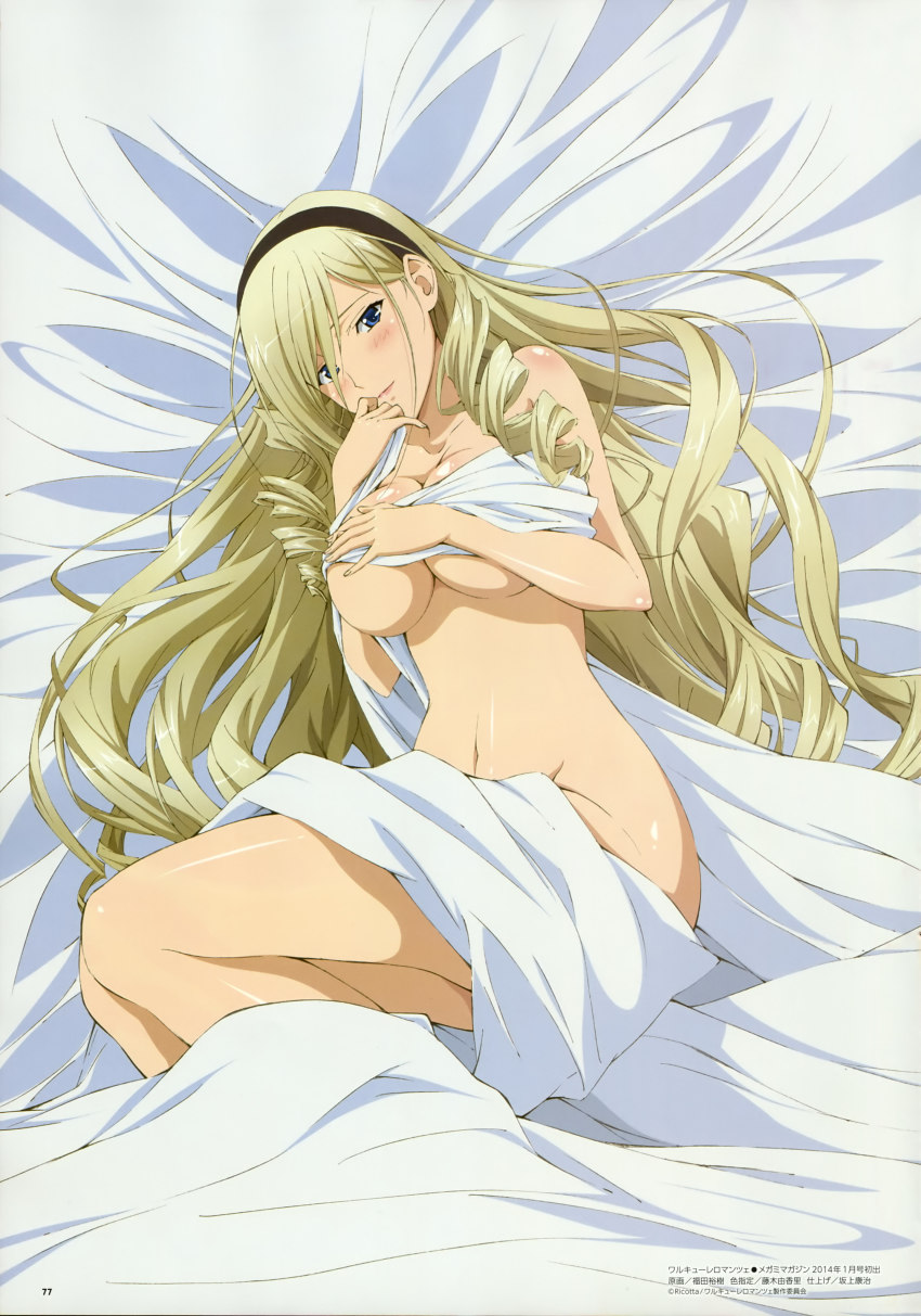 10s 1girl absurdres bed_sheet blonde_hair blue_eyes blush breasts celia_kumani_entory cleavage covering_breasts covering_privates dakimakura_(medium) drill_hair female_focus fukuda_hiroki hair_spread_out hairband highres large_breasts legs long_hair long_image megami_magazine no_panties official_art solo tall_image topless underboob very_long_hair walkure_romanze