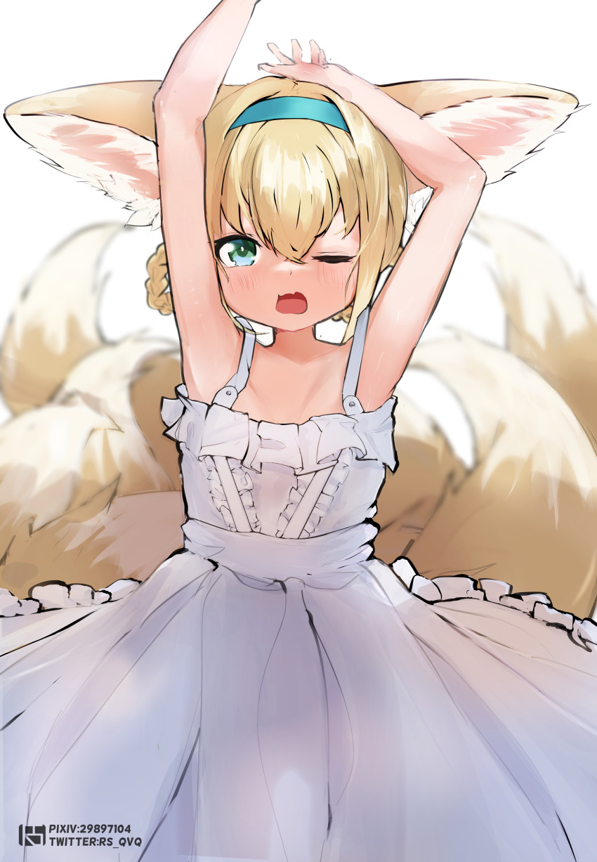 1girl absurdres alternate_costume animal_ear_fluff animal_ears aqua_eyes arknights armpits bare_arms bare_shoulders blonde_hair blue_hairband blurry blurry_background blush center_frills closed_mouth collarbone commentary_request depth_of_field dress female_focus fox_ears fox_girl fox_tail frilled_dress frills hair_between_eyes hairband highres kitsune looking_at_viewer one_eye_closed open_mouth pixiv_id revision rs_(airglow) see-through_silhouette simple_background sleeveless sleeveless_dress solo suzuran_(arknights) tail twitter_username white_background white_dress