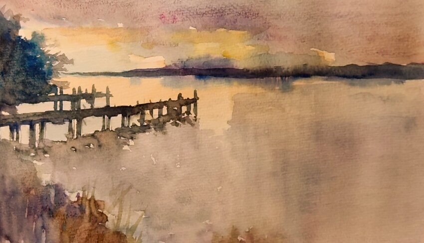 day highres lake no_humans obanyaki original painting_(medium) pier reflection reflective_water shadow shore sky sunlight traditional_media tree water watercolor_(medium) white_sky