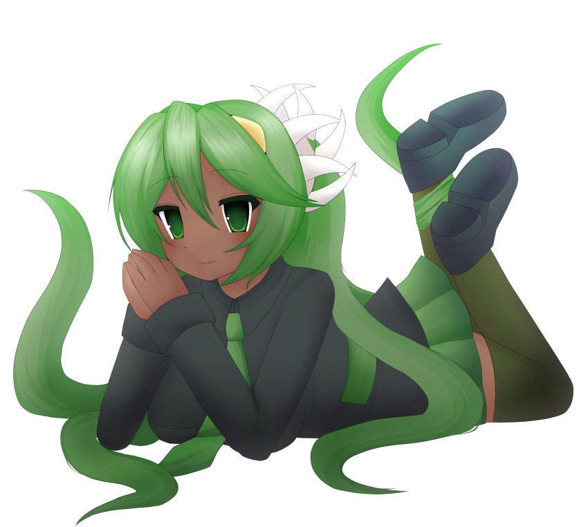 2000s_(style) absurdres black_footwear black_shirt dark-skinned_female dark_skin fukua_(skullgirls) futakuchi-onna green_eyes green_hair green_necktie green_skirt green_thighhighs highres long_sleeves necktie non-web_source pixel_cloud school_uniform self-upload shirt skirt skullgirls thighhighs transparent_background