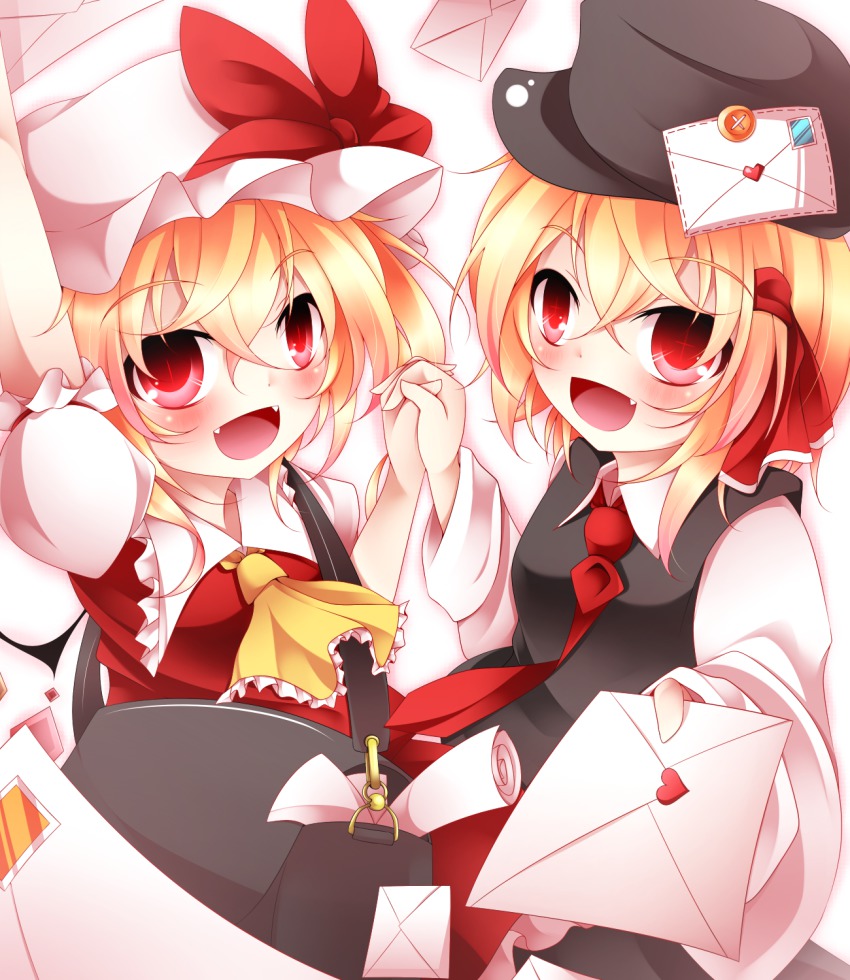 2girls ascot bad_id bad_pixiv_id bag blonde_hair dress fang fangs flandre_scarlet frills hat highres kuroyume_(dark495) letter letters long_sleeves love_letter mob_cap multiple_girls necktie puffy_short_sleeves puffy_sleeves red_eyes red_necktie ribbon rumia shirt short_sleeves touhou vest white_shirt wings