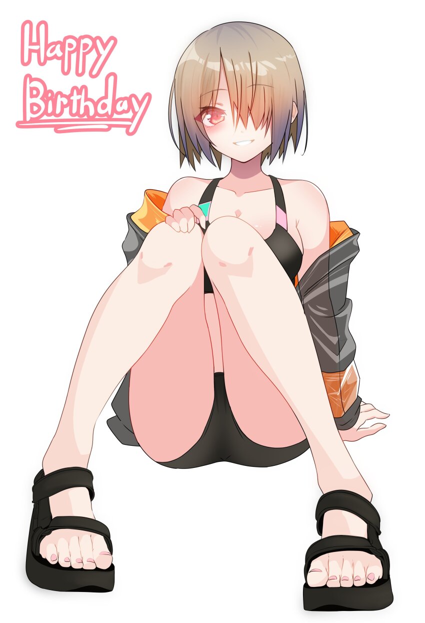 1girl absurdres armpit_crease bare_legs black_footwear black_sports_bra blush breasts brown_hair collarbone feet full_body grey_jacket hair_over_one_eye hand_on_own_knee happy_birthday heaven_burns_red highres jacket kayamori_ruka knees_together_feet_apart knees_up legs looking_at_viewer medium_breasts nail_polish off_shoulder one_eye_covered open_clothes open_jacket pink_nails red_eyes sandals short_hair sitting solo sports_bra thighs toenail_polish toenails toes toxic_pter