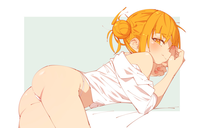 1girl absurdres ass blonde_hair blouse blunt_bangs boku_no_hero_academia from_side hair_bun highres messy_hair rasusurasu shirt sidelocks simple_background single_hair_bun solo toga_himiko white_shirt yellow_eyes