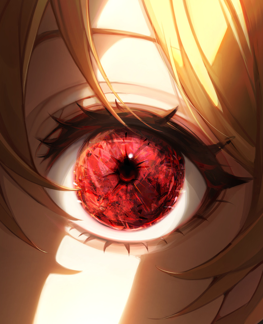 1other 58_(opal_00_58) absurdres blonde_hair close-up commentary crystal_eye english_commentary eye_focus eyelashes highres looking_at_viewer original red_eyes solo