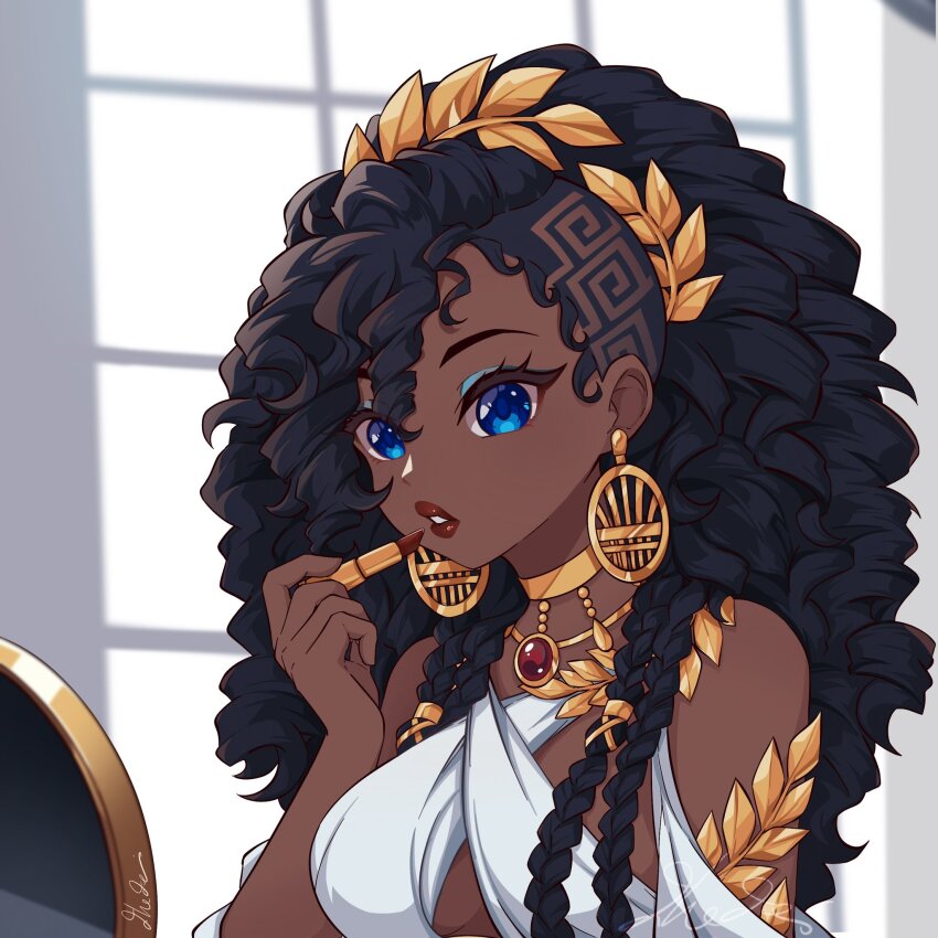 1girl anarkee_(vtuber) applying_makeup asymmetrical_hair big_hair black_hair blue_eyes blue_eyeshadow braid breasts brown_lips commentary curly_hair dark-skinned_female dark_skin dhedei earrings english_commentary eyeshadow gold_choker gold_earrings greco-roman_clothes hair_over_shoulder head_wreath highres indie_virtual_youtuber jewelry laurel_crown lips lipstick long_hair makeup meandros medium_breasts multiple_braids parted_lips procreate_(medium) sidecut signature solo undercut upper_body virtual_youtuber