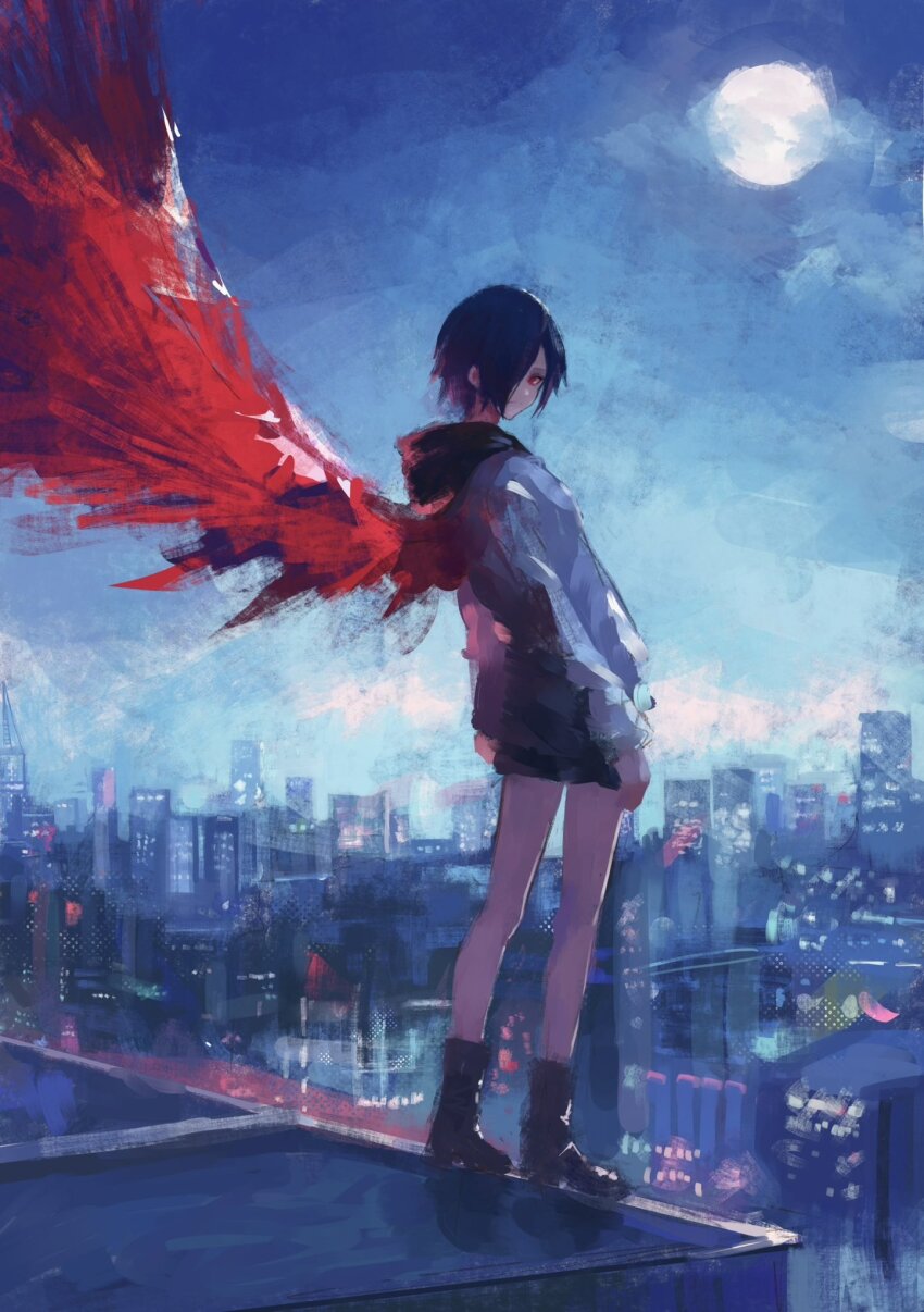 1girl blue_hair full_moon fuyumurasaki hair_over_one_eye highres hood hood_down jacket kagune_(tokyo_ghoul) kirishima_touka long_sleeves looking_at_viewer looking_back moon night outdoors red_eyes shoes short_hair single_wing solo tokyo_ghoul wings