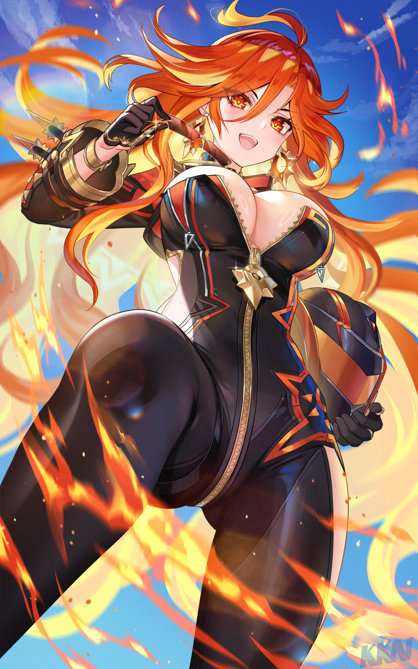 1girl absurdres ahoge biker_clothes bikesuit black_bikesuit black_gloves bodysuit breasts earrings fire genshin_impact gloves helmet highres holding holding_helmet jewelry lalazyt large_breasts long_hair long_sleeves mavuika_(genshin_impact) motorcycle_helmet multicolored_hair open_mouth orange_eyes orange_hair red_hair revision smile sun_earrings sunburst_iris sunglasses tinted_eyewear two-tone_eyes two-tone_hair unworn_headwear unworn_helmet very_long_hair