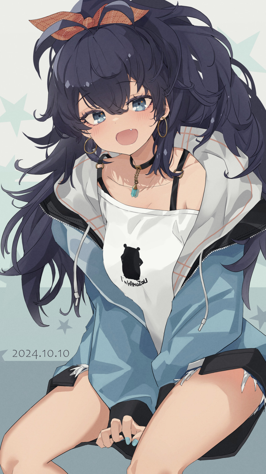 1girl antenna_hair aqua_jacket arms_between_legs bare_legs black_choker black_hair blush bra_strap choker collarbone dated earrings fang feet_out_of_frame fingernails ganaha_hibiki hair_between_eyes highres hoop_earrings idolmaster idolmaster_(classic) idolmaster_million_live! jacket jacket_partially_removed jewelry laki long_hair looking_at_viewer messy_hair nail_polish shirt sitting skin_fang smile solo two-sided_fabric two-sided_jacket very_long_hair white_shirt