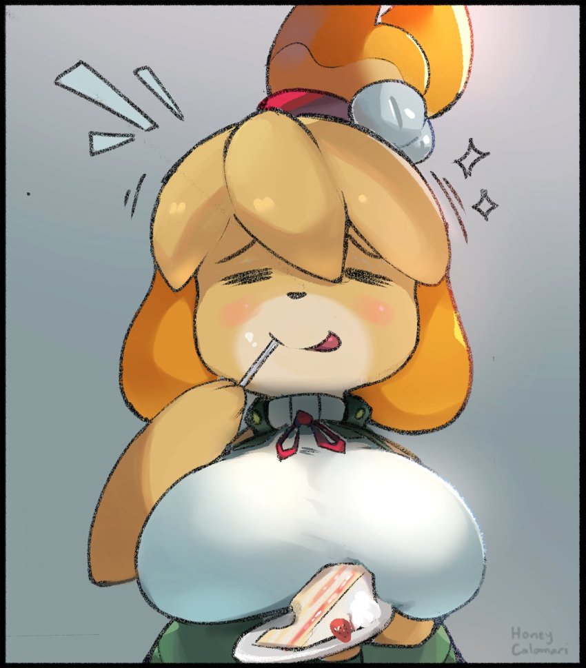 1girl =_= alternate_breast_size animal_crossing animal_ears animal_nose artist_name bad_id bad_twitter_id black_border blonde_hair blush body_fur border breasts commentary dog_ears english_commentary food furry furry_female highres honey_calamari isabelle_(animal_crossing) large_breasts nintendo signature smile solo tongue tongue_out yellow_fur