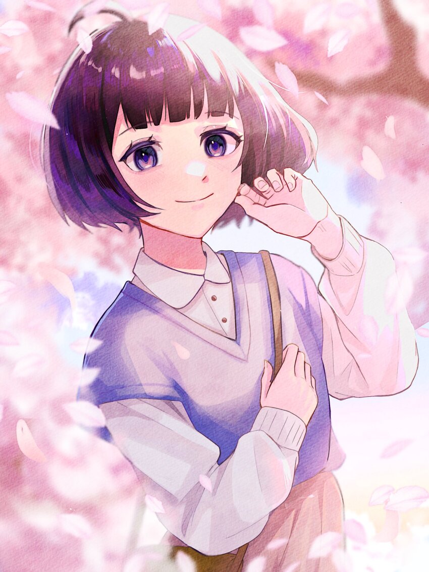 1girl ahoge amatori_chika bag branch closed_mouth day detached_sleeves dress_shirt hand_up highres long_sleeves looking_at_viewer nature petals pink_skirt popon_wt purple_eyes purple_hair shirt short_hair shoulder_bag skirt smile solo spring_(season) sweater_vest upper_body white_shirt wind world_trigger