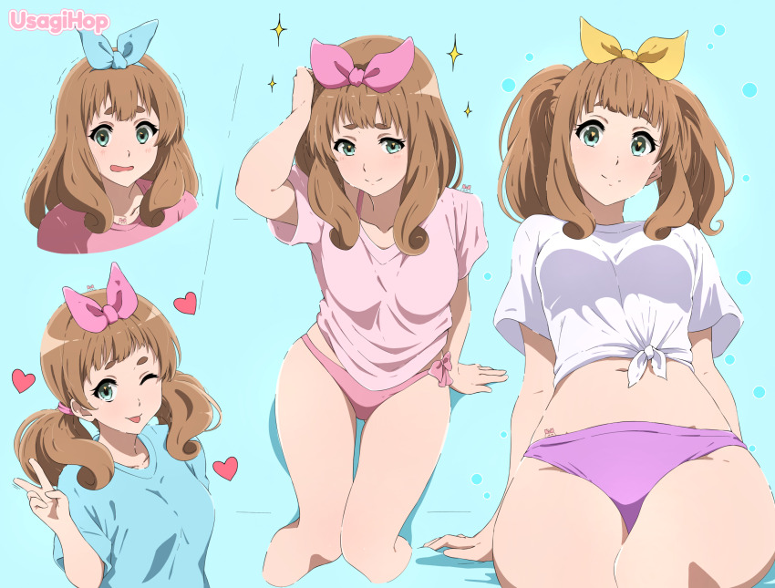 1girl ;p artist_name bikini bikini_bottom_only blue_background blue_ribbon blunt_bangs blush bow breasts brown_hair green_eyes hair_ornament hair_ribbon heart hibike!_euphonium highres long_hair looking_at_viewer low_twintails medium_breasts multiple_views navel nervous_smile one_eye_closed open_mouth pink_ribbon ribbon shirt short_sleeves sidelocks smile sparkle swimsuit t-shirt thick_eyebrows tied_shirt tongue tongue_out twintails usagihop watermark yellow_ribbon yoshikawa_yuuko