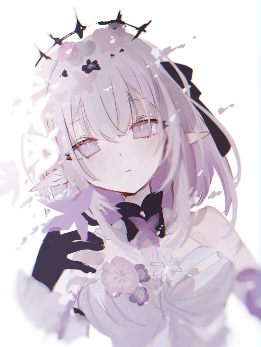 1girl bare_shoulders black_gloves bright_pupils castorice_(honkai:_star_rail) dress dress_flower flower gloves hair_flower hair_ornament highres honkai:_star_rail honkai_(series) mer_rr12 parted_lips pointy_ears purple_eyes purple_hair solo strapless strapless_dress upper_body white_dress white_pupils