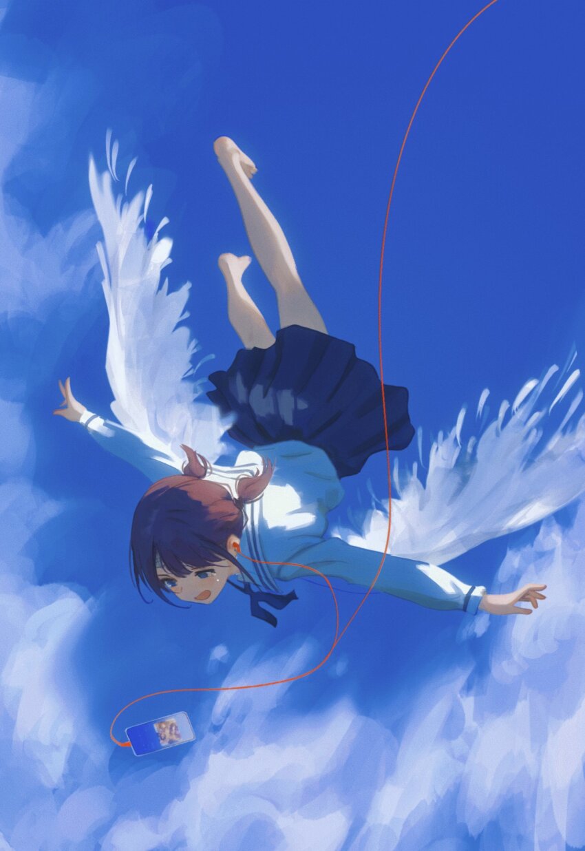 1girl blue_eyes blue_sky brown_hair cloud earphones feathered_wings girls_band_cry highres iseri_nina long_sleeves low_twintails no_shoes phone pleated_skirt shared_earphones shirt short_twintails skirt sky tears twintails white_shirt white_wings wings yao_liao_wang