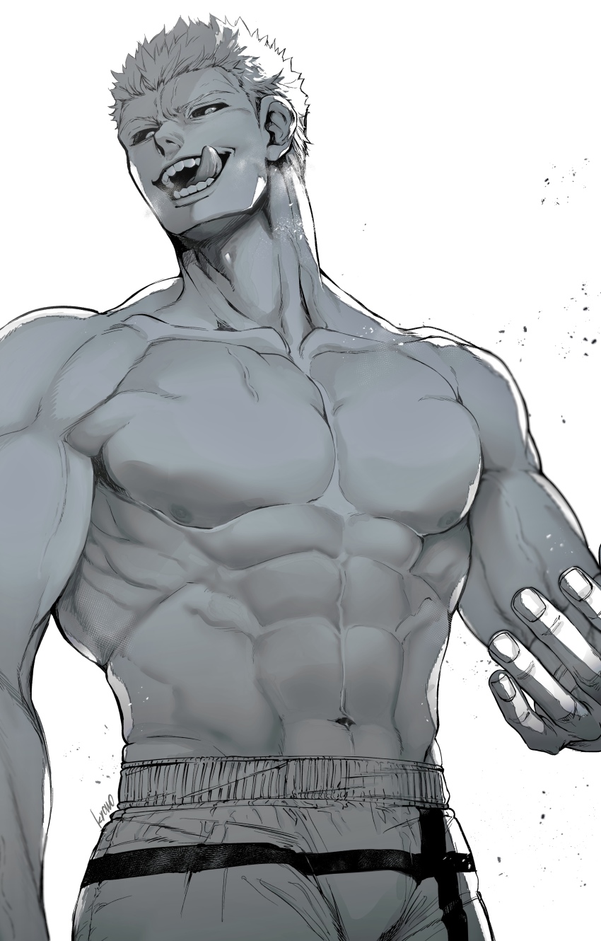 1boy abs absurdres bara biceps black_eyes fangs highres kengan_(series) kengan_ashura kure_raian kyowo_sukkesuke large_pectorals looking_at_viewer looking_down male_focus manly mature_male muscular muscular_arms muscular_male nipples open_mouth pants pectorals sharp_teeth shorts simple_background solo spiked_hair teeth tongue tongue_out topless_male veins veiny_arms white_background