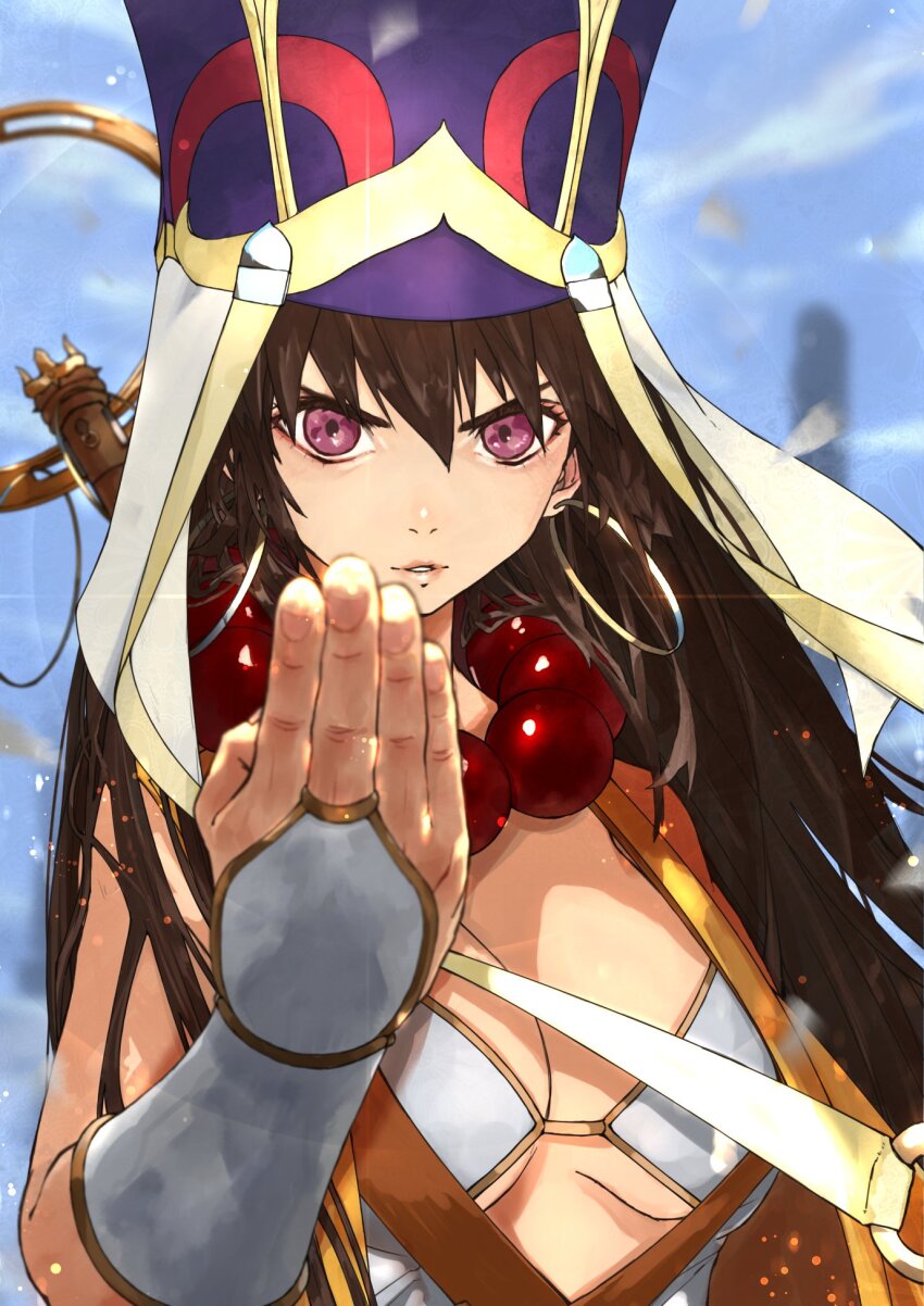 1girl bead_necklace beads bikini bikini_top_only blurry blurry_background breasts bridal_gauntlets brown_hair cleavage commentary_request earrings fate/grand_order fate_(series) hat headpiece highres hoop_earrings jewelry kdm_(ke_dama) large_breasts long_hair looking_at_viewer necklace prayer_beads purple_eyes shakujou sky staff swimsuit vest white_bikini xuangzang_sanzang_(fate) yellow_vest