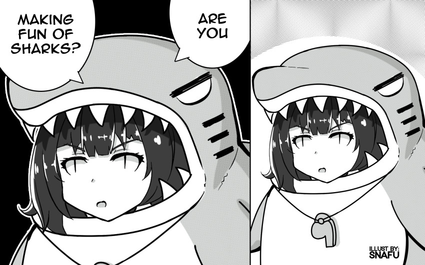 1girl 2koma animal_costume architect_(girls&#039;_frontline) comic commentary english_text girls&#039;_frontline greyscale highres monochrome multiple_girls sangvis_ferri shark_costume snafu_(snafy_snu) solo whistle whistle_around_neck