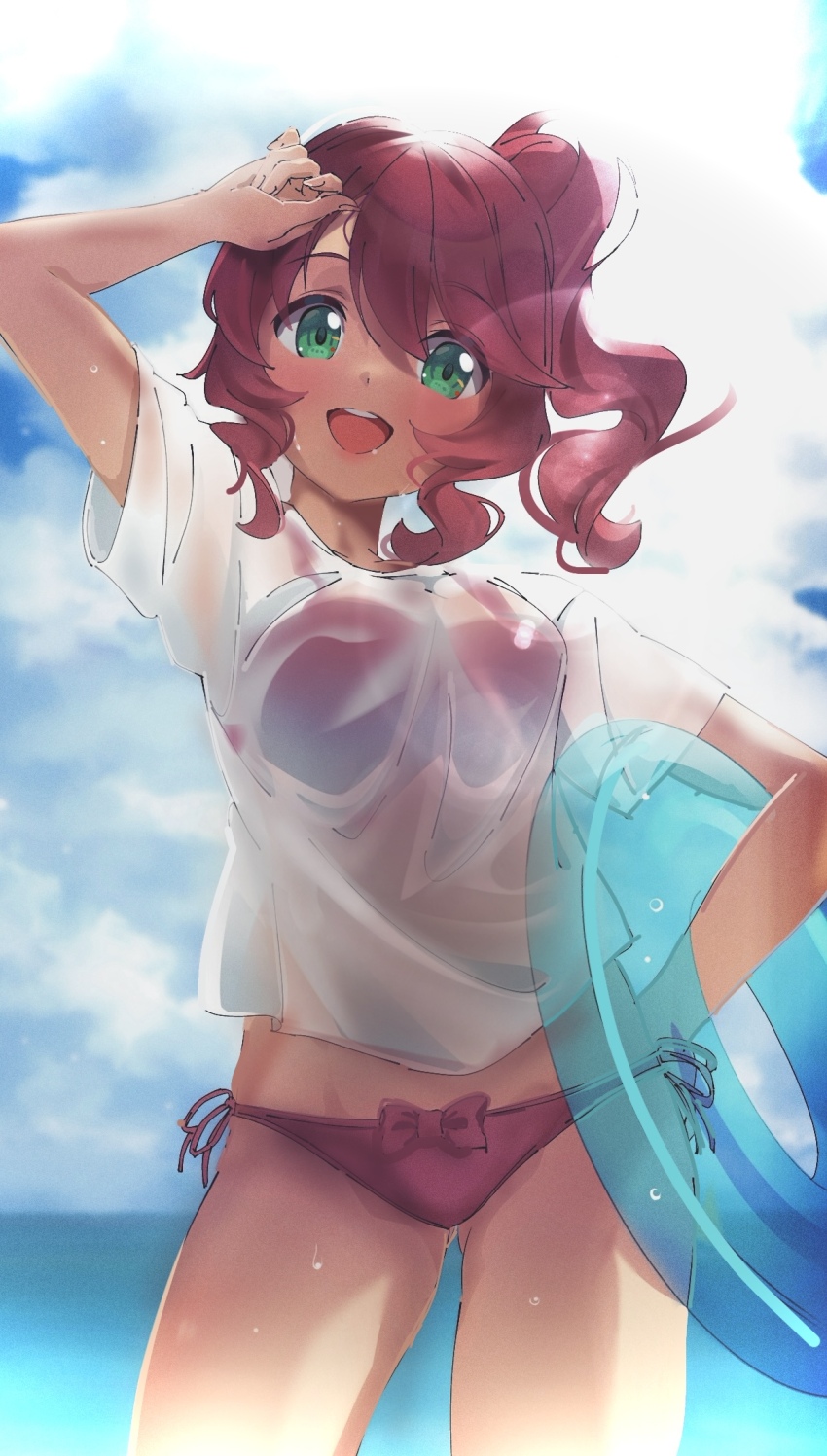 1girl bikini blue_sky cloud day green_eyes hand_on_own_hip highres horizon innertube long_hair looking_at_viewer maplestory ocean open_mouth outdoors oz_(maplestory) red_bikini red_hair round_teeth see-through_clothes see-through_shirt shirt side_ponytail sky smile solo swim_ring swimsuit t-shirt teeth tuyuri upper_teeth_only