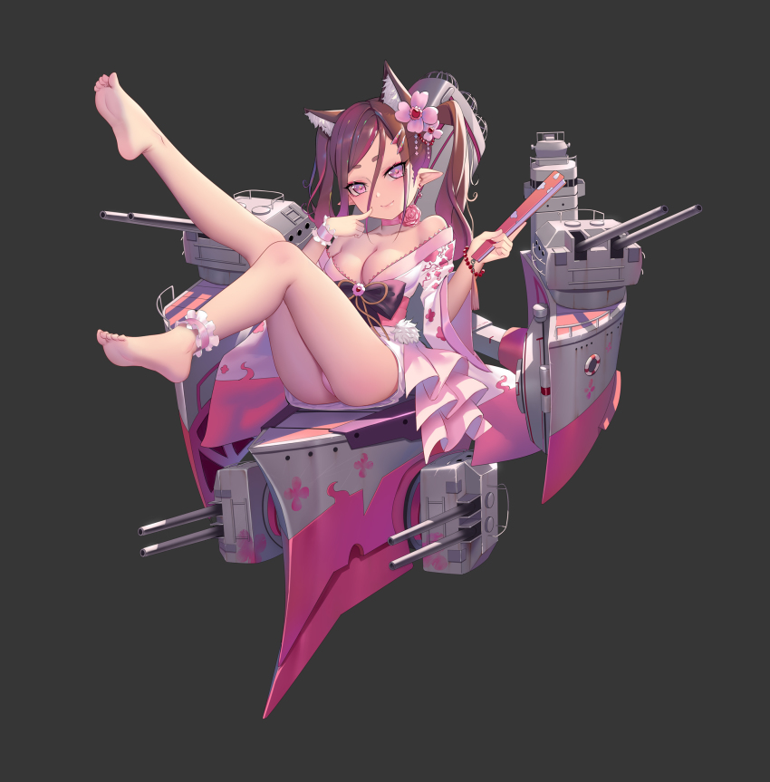 1girl abyss_horizon animal_ear_fluff animal_ears ankle_cuffs ass bare_shoulders barefoot breasts brown_hair cannon character_request choker cleavage closed_mouth collarbone feet fingernails flower folded_fan folding_fan hair_between_eyes hair_ornament hairclip hand_fan head_tilt highres hk_(hk) holding holding_fan japanese_clothes kimono knee_up leg_up legs long_hair machinery medium_breasts multicolored_hair off_shoulder open_clothes open_kimono pink_choker pink_flower pink_rose red_hair rose short_eyebrows smile soles solo streaked_hair thick_eyebrows turret twintails white_kimono wrist_cuffs