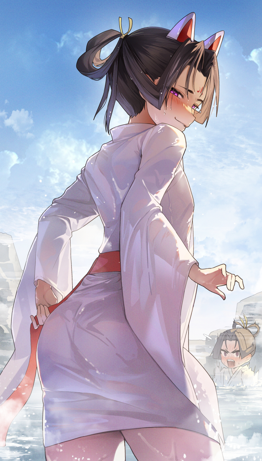 2boys absurdres animal_ears ass blush fox_ears highres japanese_clothes jira_(0116) kazama_genba kimono long_hair long_sleeves looking_at_viewer male_focus multiple_boys nige_jouzu_no_wakagimi open_mouth purple_eyes see-through_clothes short_hair wet wet_clothes white_kimono