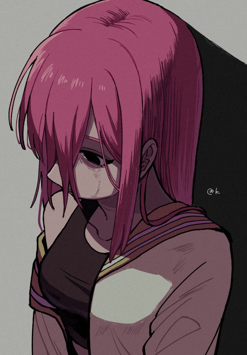 1girl aubrey_(faraway)_(omori) aubrey_(omori) bags_under_eyes black_eyes crop_top empty_eyes from_above highres jacket k_toast long_bangs long_hair official_alternate_eye_color omori open_clothes open_jacket parted_lips pink_hair sad shaded_face shadow simple_background single_bare_shoulder single_off_shoulder solo tears white_jacket