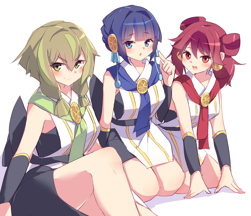 3girls absurdres blue_eyes blue_hair duel_monster green_eyes green_hair ha-re_the_sword_mikanko highres hu-li_the_jewel_mikanko japanese_clothes kanzakietc kimono looking_at_viewer multiple_girls ni-ni_the_mirror_mikanko official_alternate_costume red_eyes red_hair short_kimono sleeveless smile white_kimono yu-gi-oh!