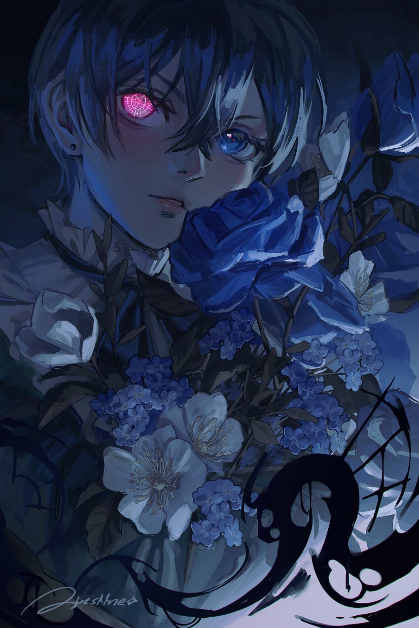 1boy absurdres artist_name bishounen black_ribbon blue_background blue_eyes blue_flower ciel_phantomhive collar commentary earrings english_commentary flower frilled_collar frills glowing glowing_eye heterochromia highres holding holding_flower jewelry kuroshitsuji looking_to_the_side male_focus neck_ribbon open_mouth pink_eyes questtneo ribbon short_hair signature solo symbol-shaped_pupils white_flower