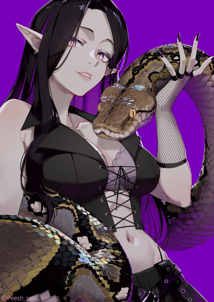 1girl ;d absurdres animal arm_at_side black_hair black_shirt bra breasts collar collarbone colored_inner_hair commentary cowboy_shot ear_piercing english_commentary fingerless_gloves fishnet_gloves fishnets foreshortening from_below gloves hair_over_shoulder hand_up highres holding holding_animal holding_snake indie_virtual_youtuber large_breasts long_hair medium_breasts multicolored_eyes multicolored_hair nail_polish navel one_eye_closed open_mouth peesh_san piercing pointy_ears purple_background purple_bra purple_eyes purple_hair purple_nails scales shirt simple_background sleeveless sleeveless_shirt slit_pupils smile snake snake_girl stomach teeth three_quarter_view twitter_username two-tone_hair underwear yellow_eyes zessa_(vtuber)