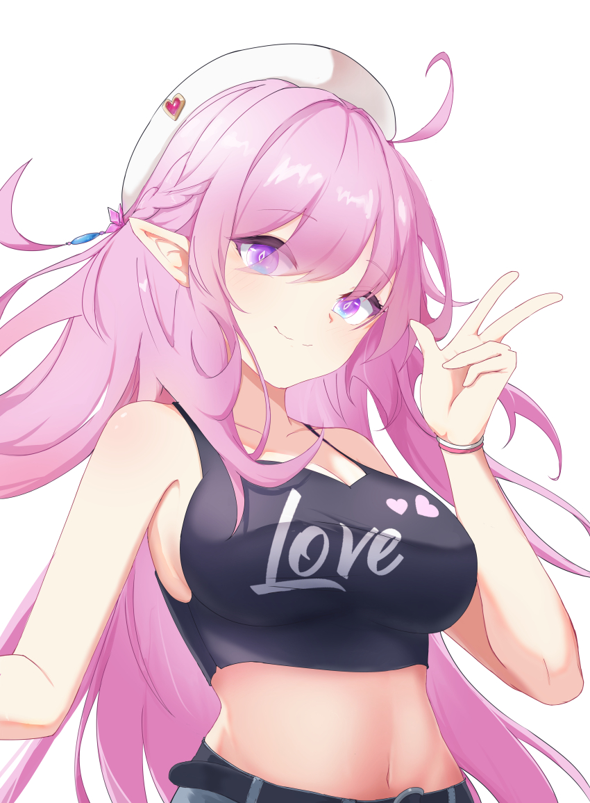 1girl absurdres ahoge alternate_costume armpits bare_shoulders belt beret black_shirt breasts cleavage clothes_writing collarbone commentary_request diamond-shaped_pupils diamond_(shape) dry1115769981 elf elysia_(herrscher_of_human:_ego)_(honkai_impact) elysia_(honkai_impact) english_text hair_ornament hand_up hat heart highres honkai_(series) honkai_impact_3rd large_breasts long_hair looking_at_viewer midriff navel pink_hair pointy_ears purple_eyes shirt simple_background sleeveless smile symbol-shaped_pupils upper_body very_long_hair w white_background white_hat