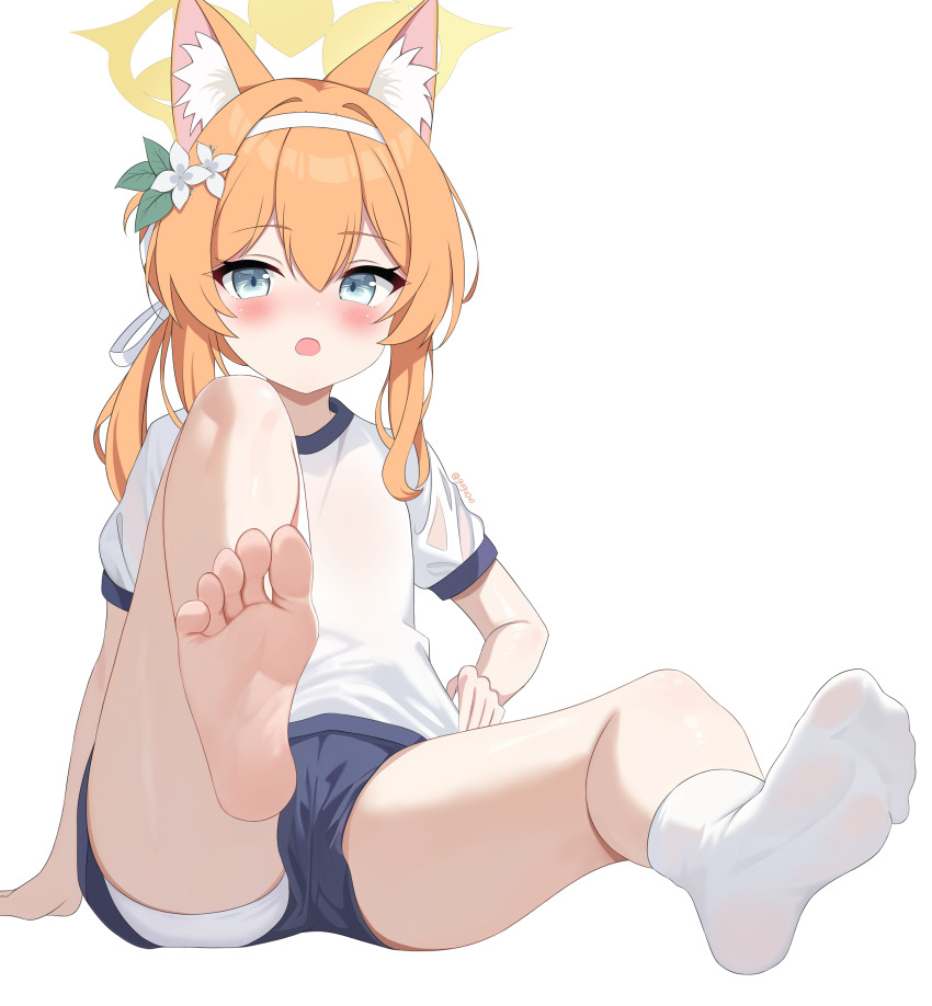 1girl absurdres animal_ears barefoot blue_archive blue_eyes blush feet gugu0v0 gym_uniform hairband highres long_hair looking_at_viewer mari_(blue_archive) mari_(track)_(blue_archive) open_mouth orange_hair single_sock socks soles toes white_socks