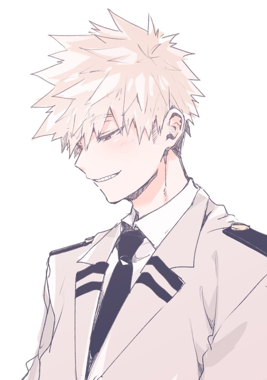 1boy bakugou_katsuki black_necktie blonde_hair boku_no_hero_academia collared_shirt commentary_request from_side highres jacket lapels male_focus necktie red_eyes school_uniform shirt simple_background smile solo spiked_hair teeth u.a._school_uniform upper_body white_background white_shirt zbura