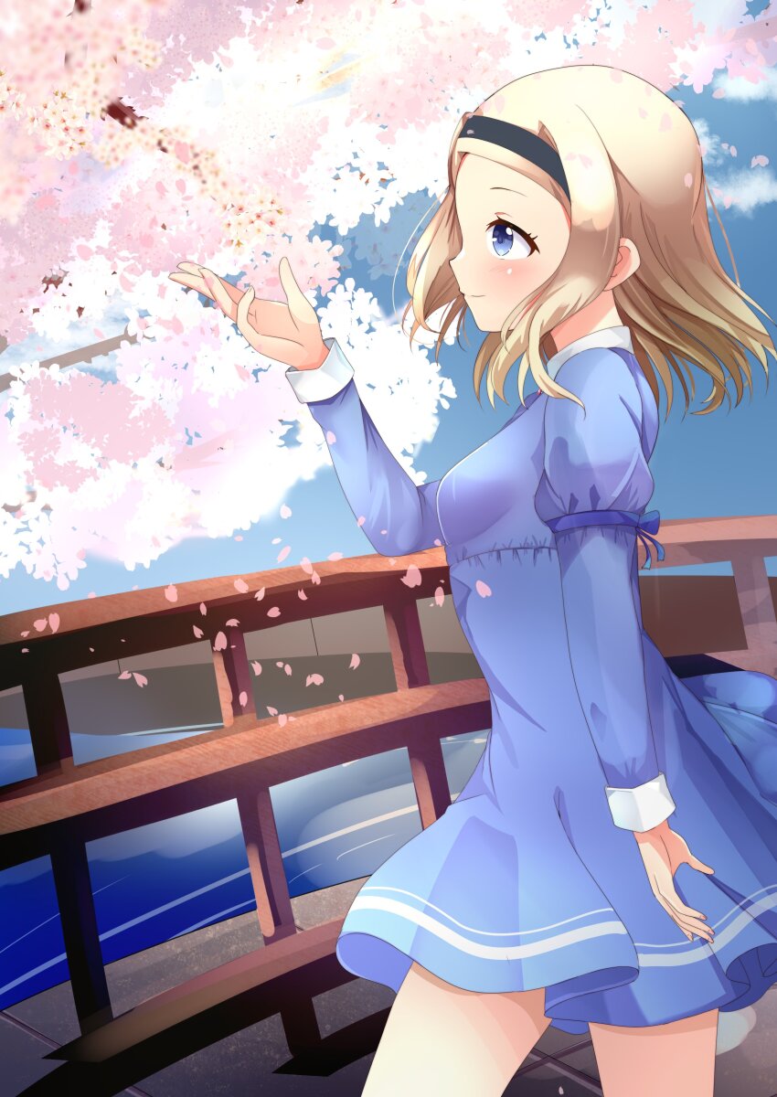 1girl absurdres aleksandra_i._pokryshkin aru_(arudes) blonde_hair blue_dress blue_sky blush brave_witches breasts bridge cherry_blossoms cloud day dress hairband highres long_hair medium_breasts outdoors profile sky solo standing walking water world_witches_series