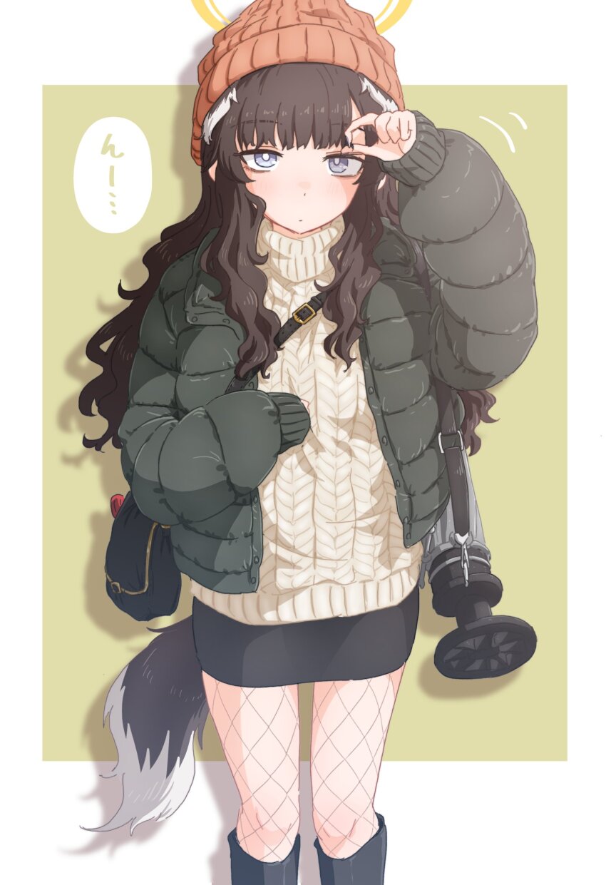 1girl absurdres animal_ears beanie black_hair blue_archive blunt_bangs dog_ears dog_girl dog_tail fishnet_pantyhose fishnets halo hariyaa hat hibiki_(blue_archive) highres long_hair pantyhose ribbed_sweater simple_background skort sweater tail turtleneck turtleneck_sweater wavy_hair white_background