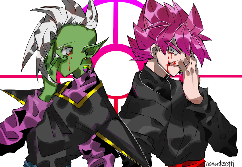 2boys absurdres black_bodysuit bleeding blood blood_on_face blood_on_hands bloody_tears blue_sash bodysuit colored_skin dougi dragon_ball dragon_ball_super earrings goku_black green_skin grey_eyes hand_on_own_face highres jewelry long_sleeves looking_at_another mohawk multiple_boys nantekotti pink_hair pointy_ears potara_earrings purple_shirt red_sash saiyan sash shirt short_hair spiked_hair super_saiyan super_saiyan_rose white_hair zamasu