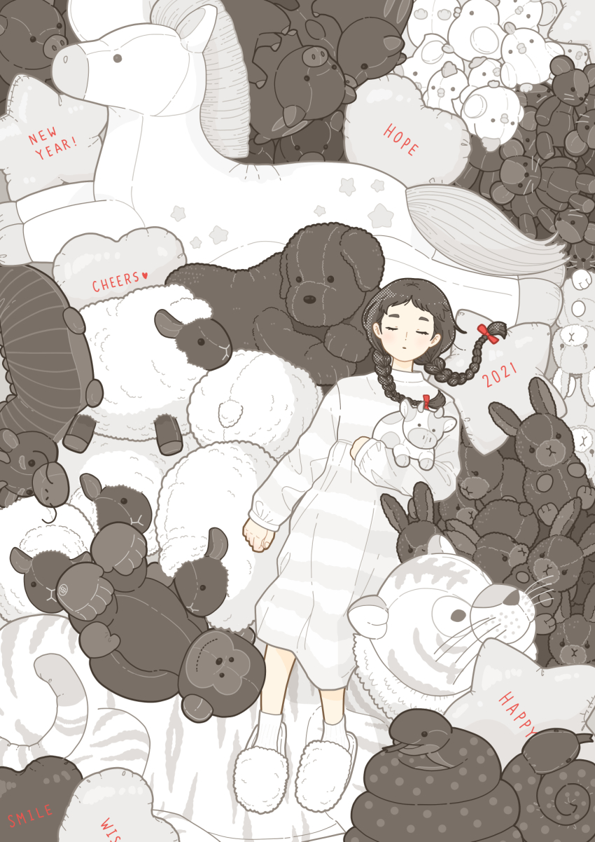 1girl 2021 black_hair blush braid chinese_zodiac closed_eyes dress english_text highres long_hair nengajou new_year original slippers solo striped_clothes striped_dress stuffed_animal stuffed_bird stuffed_cow stuffed_dog stuffed_horse stuffed_rabbit stuffed_sheep stuffed_snake stuffed_tiger stuffed_toy teddy_bear twin_braids twintails white_dress white_footwear wide_shot year_of_the_ox yoshimon