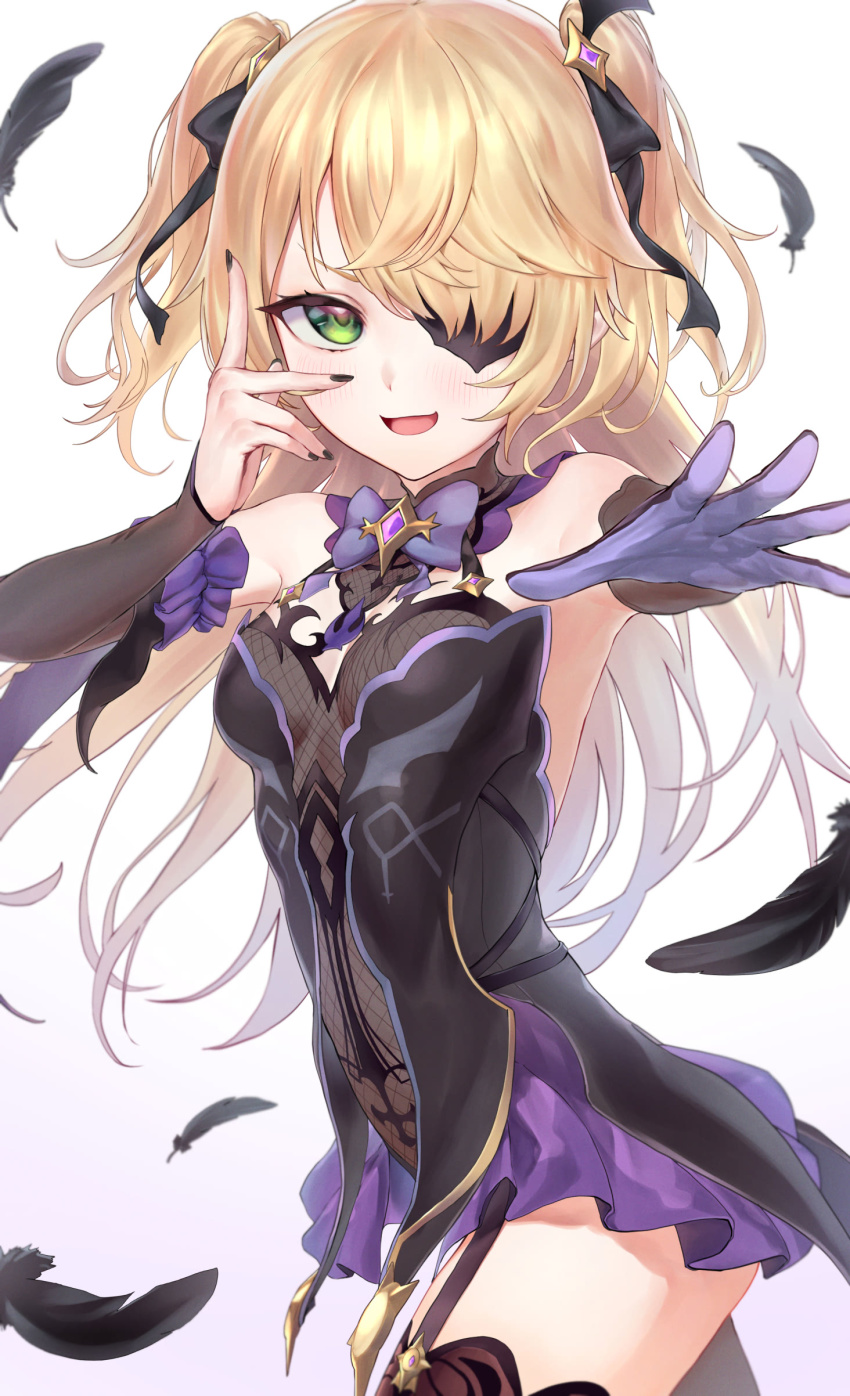 1girl absurdres bare_shoulders blonde_hair blush bodystocking bow breasts chuunibyou eyepatch feathers fischl_(genshin_impact) garter_straps genshin_impact gloves green_eyes hair_over_one_eye highres long_hair looking_at_viewer monegi nail_polish open_mouth purple_bow purple_neckwear single_glove single_leg_pantyhose single_thighhigh small_breasts smile solo thighhighs thighs two_side_up