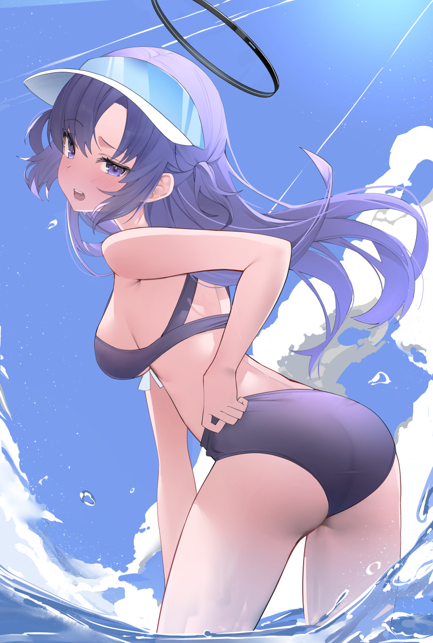 1girl absurdres ass bare_arms bare_legs bare_shoulders bikini black_bikini blue_archive blush breasts cowboy_shot day halo highres long_hair looking_at_viewer mechanical_halo medium_breasts open_mouth outdoors purple_eyes purple_hair solo swimsuit wading water yuuka_(blue_archive) yuuki02