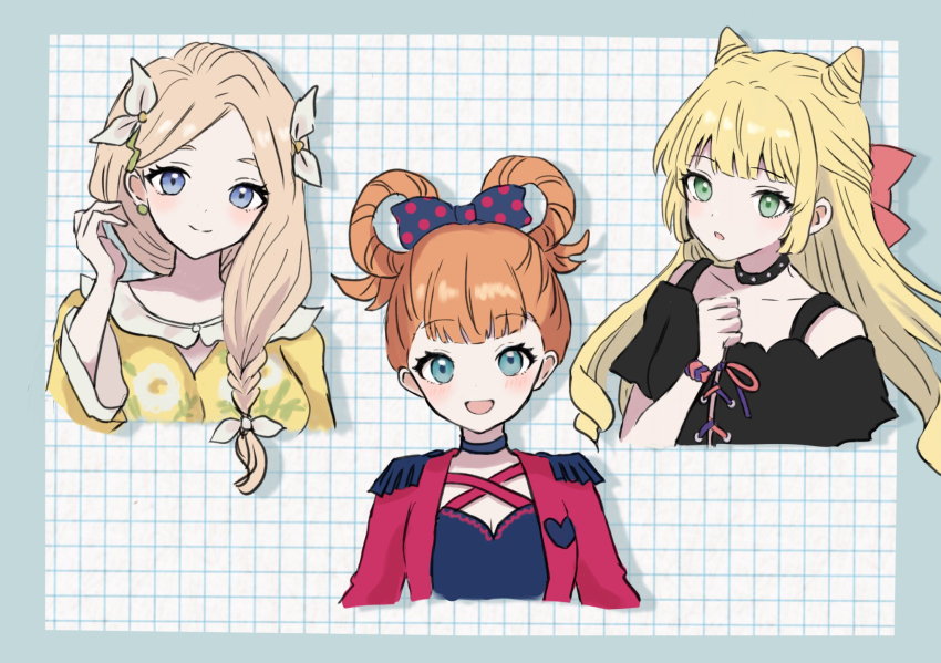 3girls annette_fantine_dominic bare_shoulders black_shirt blonde_hair blue_eyes breasts cleavage commentary_request cone_hair_bun cosplay criss-cross_halter dress fire_emblem fire_emblem:_three_houses fire_emblem_engage goldmary_(fire_emblem) goldmary_(fire_emblem)_(cosplay) green_eyes hair_bun hair_ribbon hair_rings halterneck hand_up highres hortensia_(fire_emblem) hortensia_(fire_emblem)_(cosplay) ingrid_brandl_galatea mercedes_von_martritz multiple_girls nintendo off-shoulder_shirt off_shoulder orange_hair ribbon rosado_(fire_emblem) rosado_(fire_emblem)_(cosplay) shirt short_hair short_sleeves white_ribbon yellow_dress yuurururun