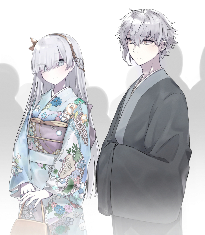 1boy 1girl alternate_costume anastasia_(fate) bag black_kimono blue_eyes blue_kimono brown_bag brown_hairband commentary_request ear_piercing earrings expressionless eyes_visible_through_hair fate/grand_order fate_(series) floral_print floral_print_kimono grey_hair hair_over_one_eye hairband handbag highres holding holding_bag japanese_clothes jewelry kadoc_zemlupus kimono long_sleeves looking_at_another neck_piercing obi piercing purple_sash sash simple_background smile white_background wide_sleeves yellow_eyes yubeshi_(zecxl)