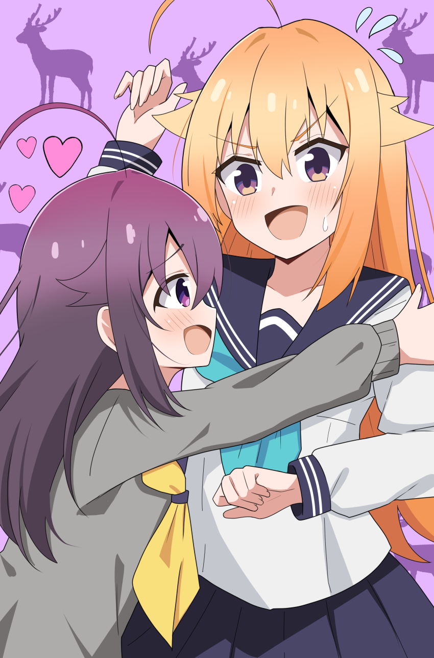 2girls absurdres ahoge blonde_hair blue_neckerchief blue_sailor_collar blue_skirt blush deer deer_print female_focus fingernails grey_sweater hair_between_eyes hand_up heart highres hug incest koshi_anko_(shikanoko) koshi_torako long_hair long_sleeves matching_hair/eyes multiple_girls neckerchief open_mouth pleated_skirt purple_background purple_eyes purple_hair sailor_collar shikanoko_nokonoko_koshitantan shirt siblings simple_background sisters skirt sweat sweatdrop sweater white_shirt yellow_neckerchief yuri