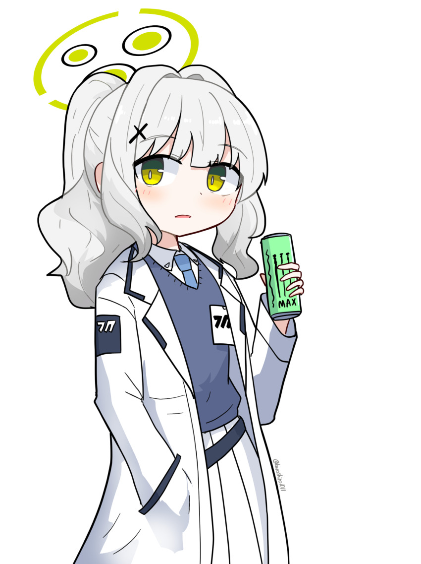 1girl blue_archive blue_necktie blue_vest blush can collared_shirt commentary_request drink_can energy_drink green_eyes green_halo grey_hair hair_intakes halo hand_in_pocket hare_(blue_archive) high_ponytail highres holding holding_can id_card jacket kuroshiro1011 long_hair long_sleeves looking_at_viewer millennium_science_school_logo monster_energy necktie open_clothes open_jacket pleated_skirt shirt sidelocks skirt solo twitter_username vest white_jacket white_shirt white_skirt