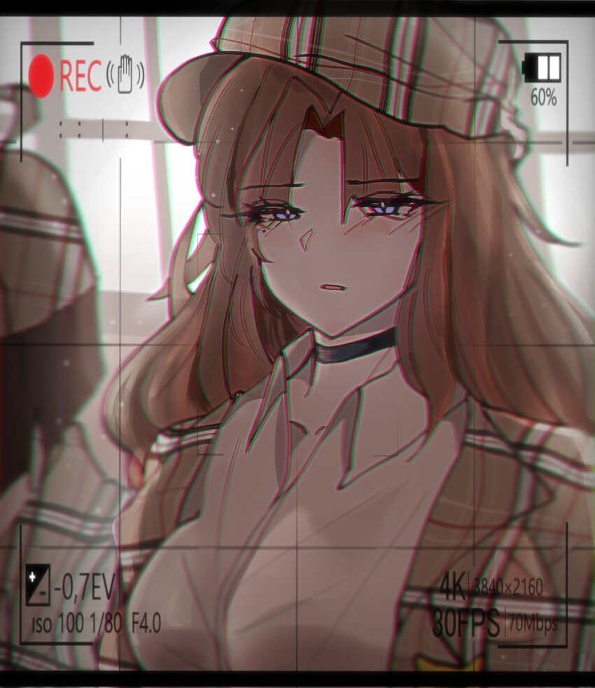 2girls anmalinozingo black_choker black_hair blue_eyes brown_coat brown_hair brown_hat choker coat collared_shirt detective hat highres limbus_company multiple_girls official_alternate_costume out_of_frame project_moon rodion_(project_moon) ryoshu_(project_moon) shirt upper_body white_shirt