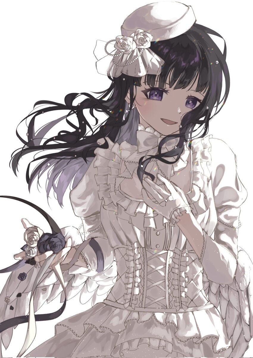 1girl alternate_costume bang_dream! black_flower black_hair black_rose dress flower frilled_dress frilled_gloves frills gloves hat hat_flower highres holding holding_flower kkyu long_hair looking_at_viewer purple_eyes rose shirokane_rinko solo upper_body white_background white_flower white_gloves white_hat white_rose white_wings wings