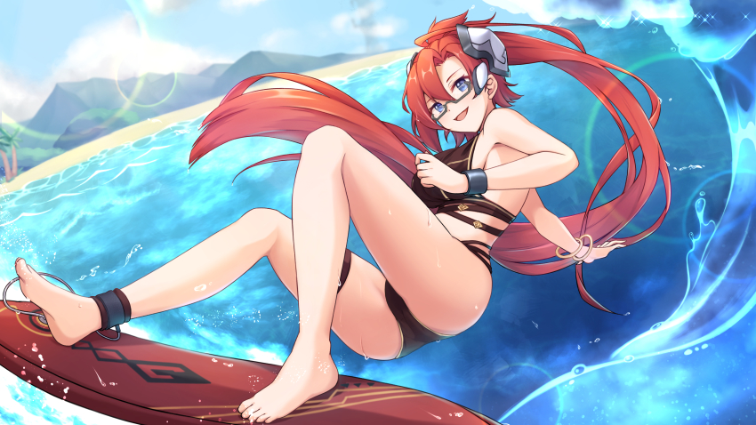 1girl :d absurdres altheavin barefoot bikini black_bikini blue_eyes blurry blurry_background bracelet cameltoe floating_hair glasses hair_between_eyes highres jewelry labyrista_(princess_connect!) lens_flare long_hair multi-strapped_bikini ocean open_mouth ponytail princess_connect! red_hair semi-rimless_eyewear smile solo summer surfboard swimsuit thigh_strap under-rim_eyewear very_long_hair