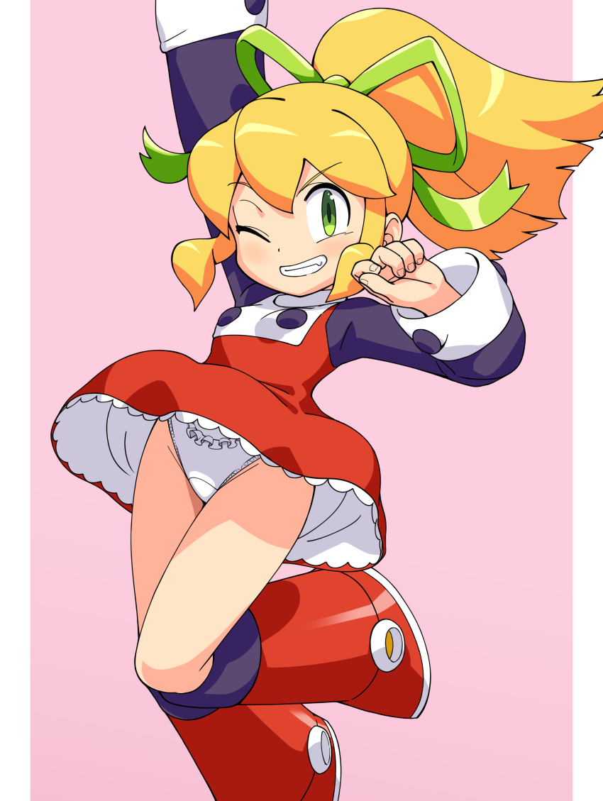 1girl absurdres animalmaster arm_up blonde_hair bow bowtie breasts capcom frilled_panties frills green_eyes green_ribbon highres jumping mega_man_(series) one_eye_closed panties red_bow red_bowtie red_skirt ribbon roll_(mega_man) skirt small_breasts smile underwear white_panties