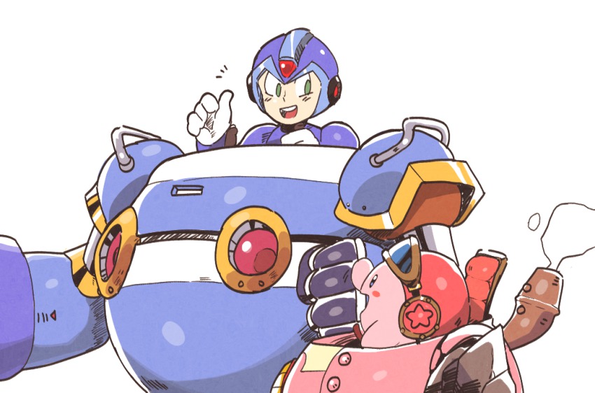 1boy :d android blue_eyes blush_stickers capcom clenched_hand crossover gloves green_eyes helmet inkerton-kun kirby kirby:_planet_robobot kirby_(series) mecha mega_man_(series) x_(mega_man) mega_man_x_(series) nintendo non-humanoid_robot open_mouth ride_armor robobot_armor robot rockman_x_(character) smile teeth thumbs_up trait_connection walker_(robot) white_background white_gloves