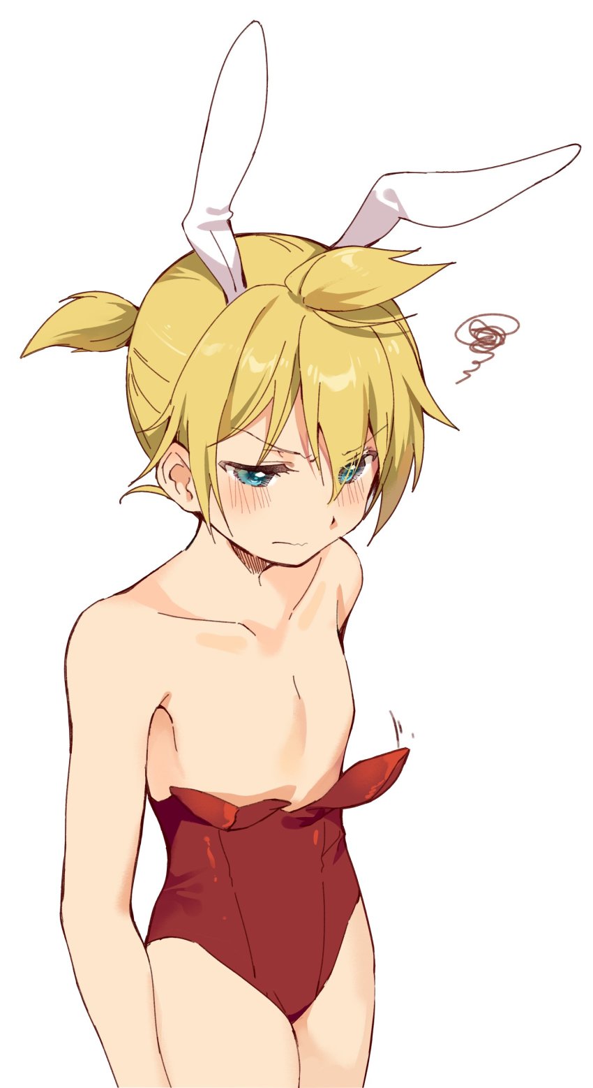 1boy absurdres animal_ears aqua_eyes blonde_hair blush collarbone commentary cowboy_shot crossdressing embarrassed highres hmniao kagamine_len leotard looking_down male_focus rabbit_ears red_leotard short_ponytail solo spiked_hair squiggle topless_male v-shaped_eyebrows vocaloid white_background