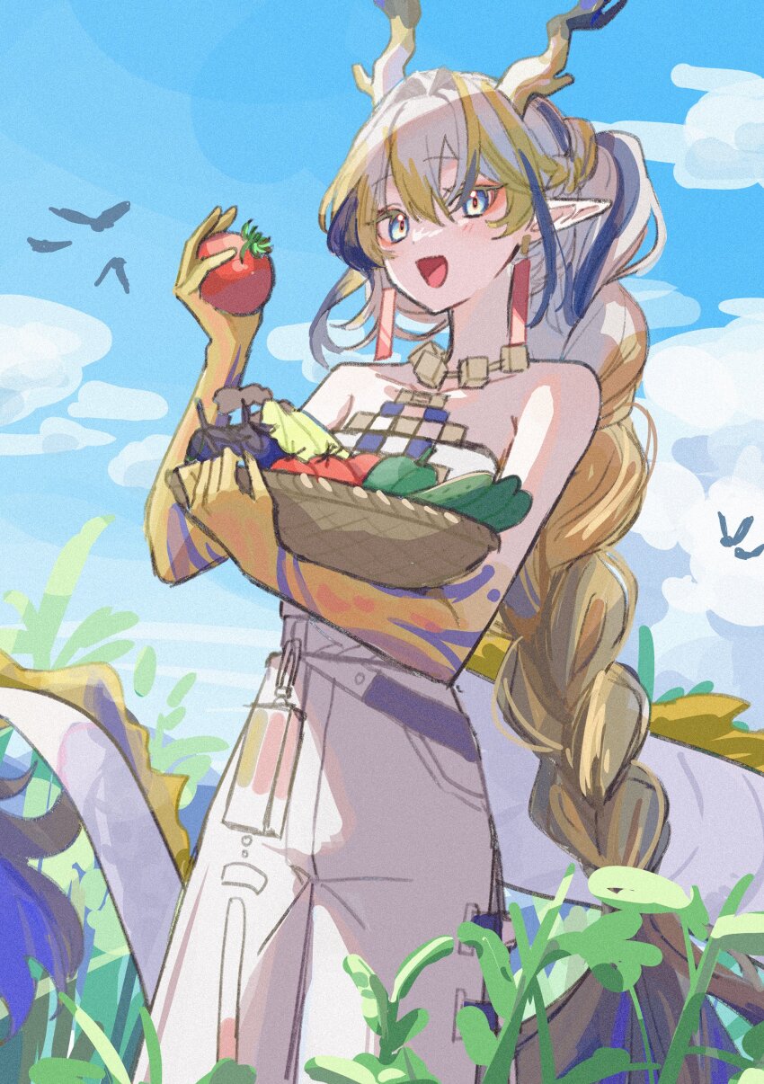 1girl absurdres arknights bare_shoulders basket bell_pepper blonde_hair blue_hair blue_sky blush cloud cloudy_sky colored_skin cowboy_shot day dot_nose dragon_girl dragon_horns dragon_tail earrings eyeshadow food grass hair_between_eyes hair_intakes hand_up highres holding holding_basket holding_food horns jewelry long_hair looking_at_viewer low-braided_long_hair low-tied_long_hair makeup miritenoru multicolored_hair necklace outdoors pants pointy_ears red_eyeshadow shirt shu_(arknights) sidelocks simple_bird sky solo strapless strapless_shirt tail tassel tassel_earrings tomato white_hair white_pants white_shirt