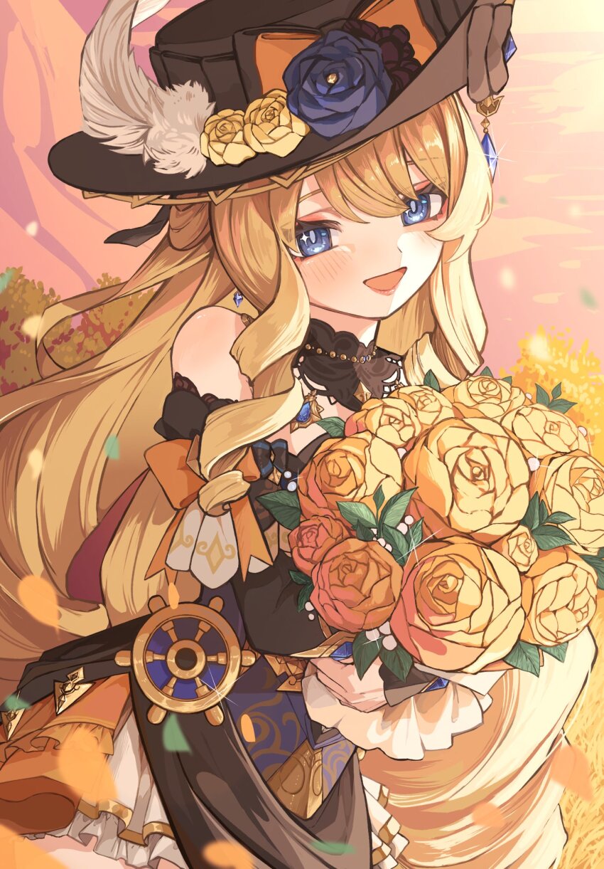 1girl :d bare_shoulders black_dress black_flower black_hat black_sleeves blonde_hair blue_eyes blue_flower blush bouquet bow commentary detached_sleeves dress drill_hair earrings flower genshin_impact hair_between_eyes hat hat_bow hat_flower highres holding holding_bouquet jewelry long_hair looking_at_viewer montarou963 navia_(genshin_impact) open_mouth ship&#039;s_wheel_ornament sleeveless sleeveless_dress smile solo star_(symbol) star_in_eye symbol_in_eye upper_body very_long_hair yellow_bow yellow_flower