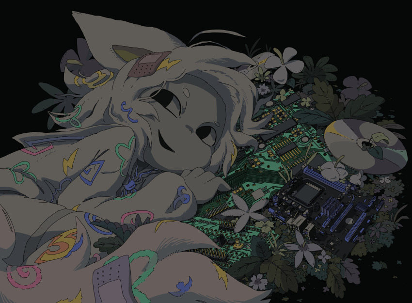 absurdres bandaid bandaid_on_head bandaid_on_tail black_background black_eyes cat_girl cd circuit_board colored_skin computer_chip flower fluorurodecobre foliage grey_skin highres leaf lying motherboard original smile surreal